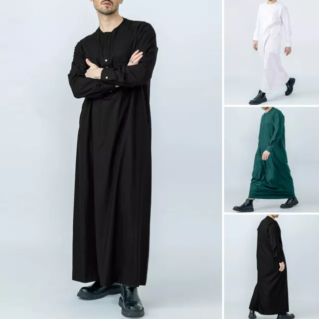 Men's Muslim Long Sleeve Dishdasha Abaya Dubai Thobe Islamic Jubba Saudi Kaftan