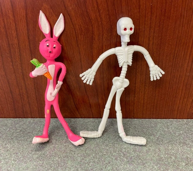 Lot of 2 Bendy Figures 5" Skeleton and Pink Bunny Rabbit w/Carrot Rubber Plastic