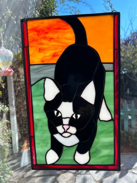 Black/White Cat Stained Glass Handcrafted Suncatcher, 10"x16" Panel