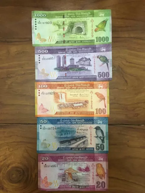 Original Set Banknotes 5pcs Sri Lanka 20,50,100,500,1000 Rupees 2016-2019