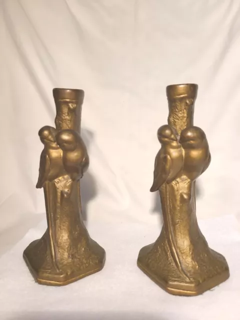 Pair of Gilt Gilded Victorian era Cast Metal Candle Stick holders w LOVEBIRDS