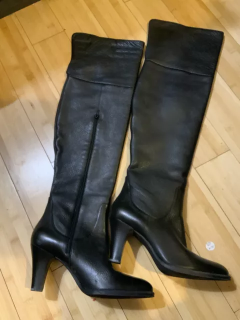 Via Spiga Boots Black Leather Tall Over The Knee Mid Heel SZ 8-9