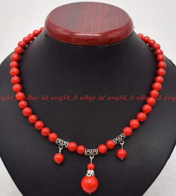 Genuine New 8mm Red Coral Round Gemstone Beads Pendant Necklace 18" AAA