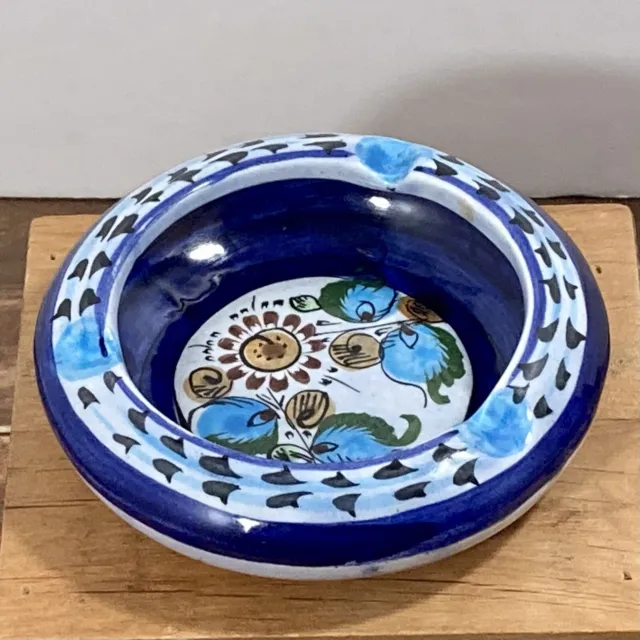 Vintage Tonala Mexico Pottery Ashtray / Dish Hand Signed & Painted Folk Art