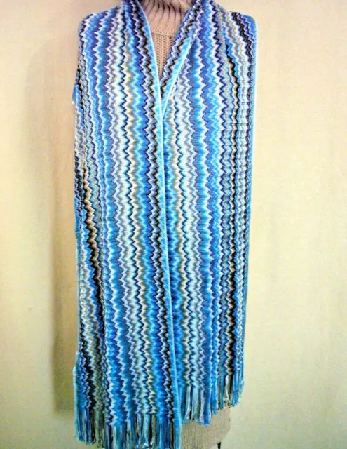 MISSONI ITALY Sharktooth Pattern Wool Blend Long Fringed Scarf 74"x12" NWT $229