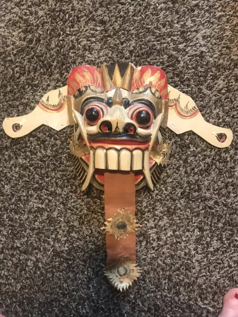 Large Antique Bali Rangda Demon Wooden Mask with Ears  -RARE