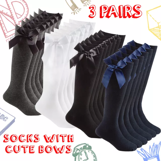 3 Pack Back to School Girls Knee Socks with Bows Uniform High Kids Plain Cotton