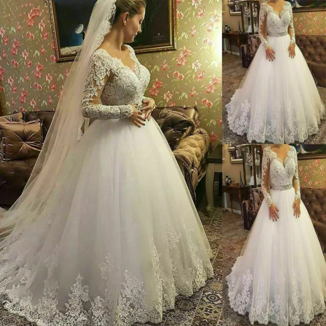 Elegant Wedding Dresses with Long Sleeves Beaded V Neck White Ivory Bridal Gowns