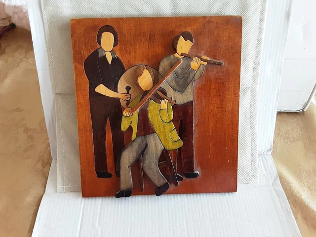 Hand crafted Marquetry Wood Musicians Wall Art Plaque Décor Signed