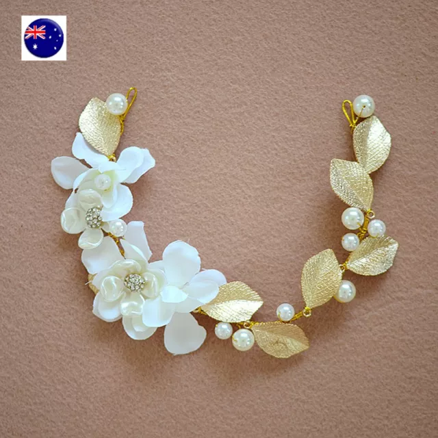 Women Leaf Flower Pearl Fairy wedding Bride Party Hair piece Headband Garland