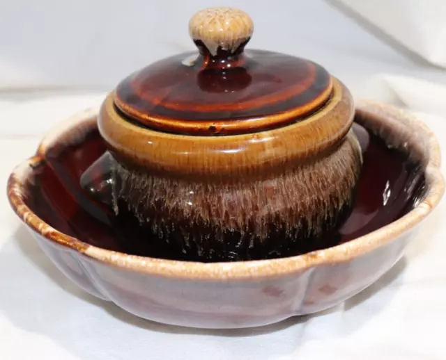 Vintage McCoy USA Brown Drip Serving Bowl 8"x2" Signed & Sugar Bowl w/ Lid 3"x5"