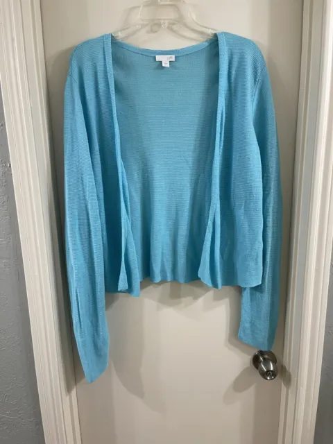 J Jill Sweater Turquoise Blue Cropped Linen Blend Open Front Cardigan Size L EUC