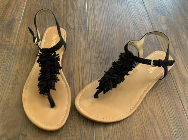 Report Womens Landry Boho Fringe Flat Sandals Black Hippie Ankle Strap Size 8.5