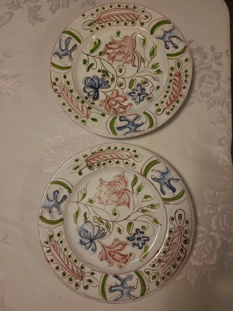 Vintage Made In Portugal Hand Painted Signed Floral Design Wall Plates 11 1/2"