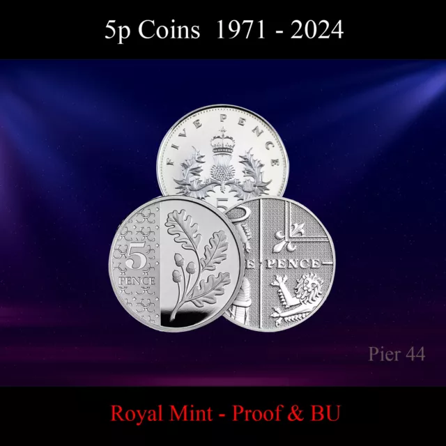 1971 - 2024 5p Five Pence Coins - PROOF & Brilliant Uncirculated (BU) UK Coin