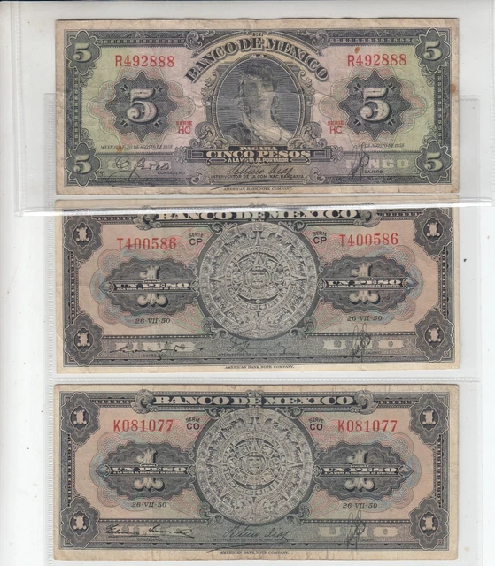 MEXICO 1 & 5 Pesos Banknotes 1950/1958