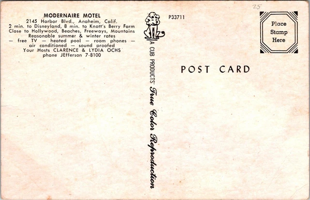 Modernaire Motel Artist Rendering Anaheim CA Aerial View Autos Pool postcard P8 2