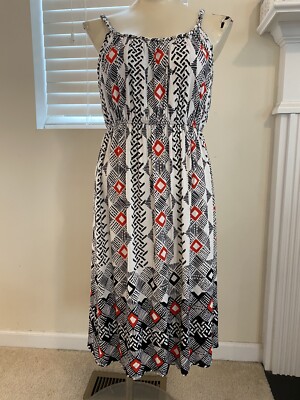 style & co womens MEDIUM black white red midi sundress braided neck VEUC