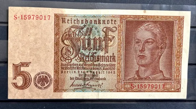 ww2 Military German 3rd Reich era 5 Reichsmark Banknote 1942 Wehrmacht series S