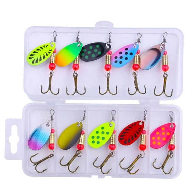 Lot de 10 anciennes cuillères hameçons de pêche à la ligne avec boîte Lot de 10 anciennes cuillères hameçons de pêche à la ligne avec boîte