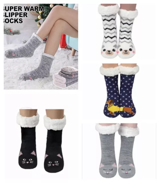 Womens Super Soft Cute Cartoon Animal fuzzy Cozy Non-Slip Winter Slipper Socks