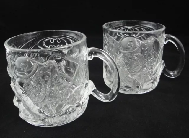 McDonalds Batman Forever The Riddler 2 Clear Glass 3D Coffee Mugs 1995 DC Comics