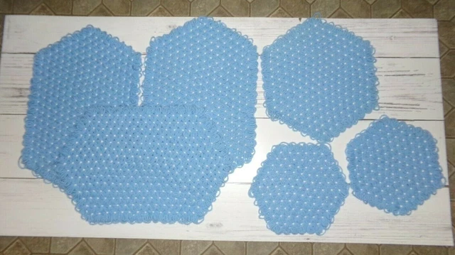 6 Vintage Love & Money Daisy Loom Blue Yarn Doilies Hand Crotched Place Matts