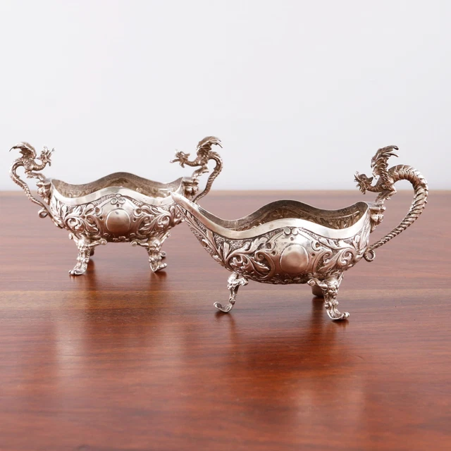 German Hanau 800 Silver Creamer & Sugar Gargoyles, Dragon Handles No Monogram