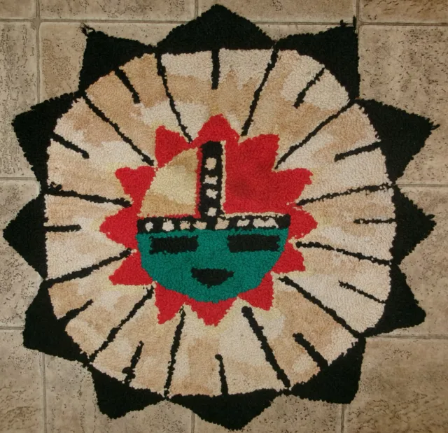 1940s-1950s vintage Southwestern Native American Kachina Sun God Face loop rug