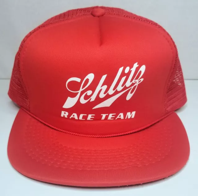 Vintage NOS Schlitz Race Team Snapback Trucker Hat Cap Rope Brim Red & White