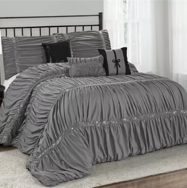 HIG 7 Piece Classical Chic Ruched Pleated Gray Comforter Set in Queen King Size