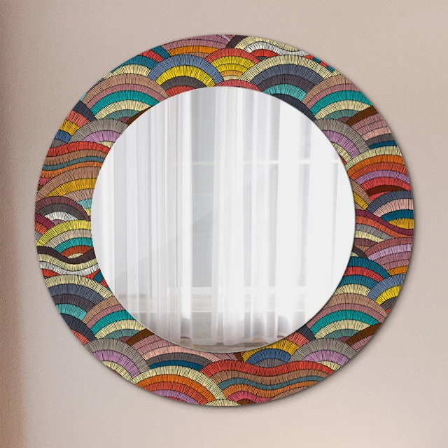 Miroir Mural Rond Avec Cadre En Verre Imprimé - Motif Radial Déco Moderne - Plusieurs Tailles