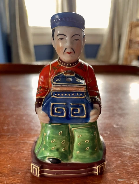 Antique  Incense Burner Censer Asian Man Red Jacket Blue Cap Made in Japan