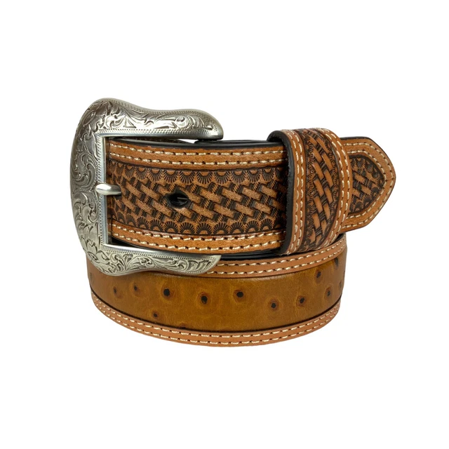 Nocona Mens Western Belt Sz 40 Brown Leather Ostrich Pattern Basketweave Cowboy