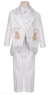Boys Baptism Tuxedo suit white 6pc with Estola Gold Angel Embroidery Paisley