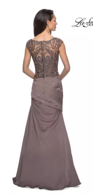 New LA FEMME 25396 Beaded Lace Ruched Gown in Cocoa Size 6 2