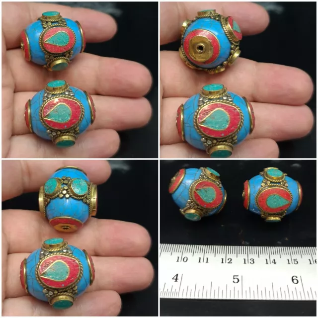 Nepalese Tibetan Handmade Blue (Resin)Turquoise Coral Inlay 2 Beads Beautifull