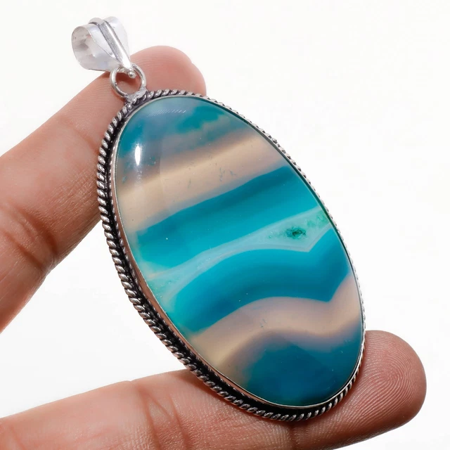 Green Geode Agate Gemstone Handmade Silver Plated Jewelry Pendant 3.10" PA 668