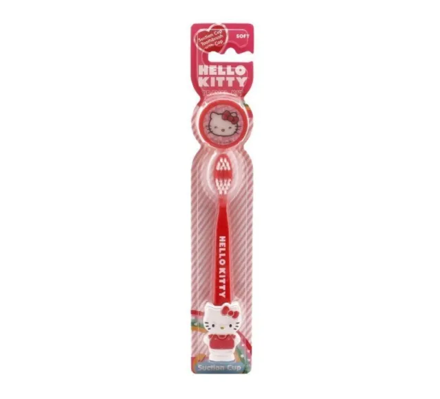 2 Hello Kitty Suction Cup Bottom Kid Toothbrushes + Cap Travel Kit Soft Bristles