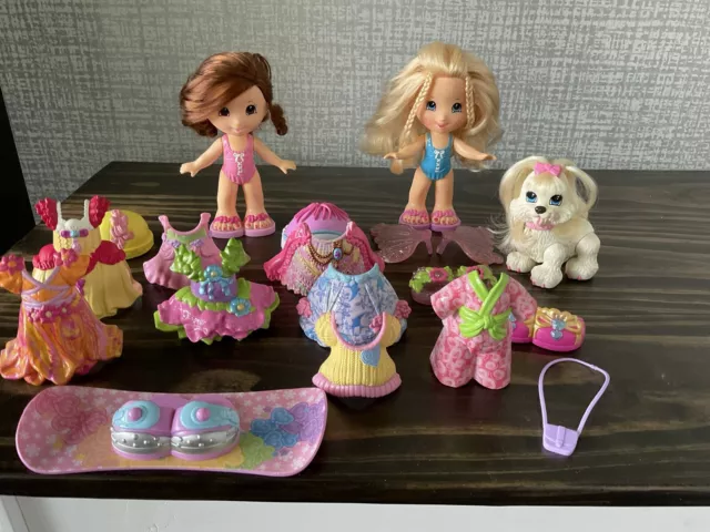 Fisher Price Snap N Style Lot 2 Dolls and Dog Outfits Accessories Surfboard Shoe
