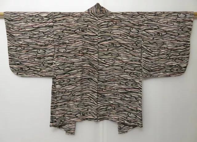 0629T05z350 Vintage Japanese Kimono Silk HAORI Off-white Black