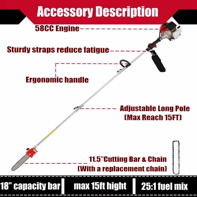GAS POWERED 58CC Pole Saw 2 Stroke Chainsaw Extension Hedge Pruner Tree
