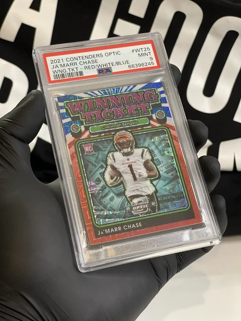 2021 Contenders Optic Ja'Marr Chase Winning Ticket RWB Prizm RC #’d /13 PSA 9
