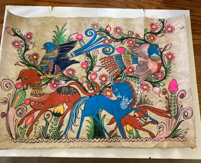 Vintage Amate Tree Bark Painting Mexican Folk Art BIRDS and DEER 19 x 26