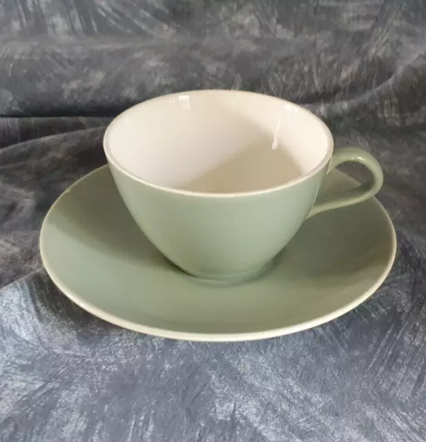 Poole Pottery —🐬— Contour — Celadon Green & White — Tea Cup & Saucer — Onj