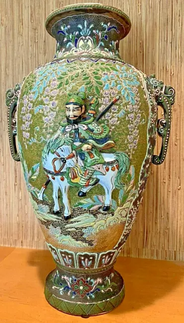 Antique Japanese Moriage Vase. Huge(19x12)Raised Mounted Warrior.