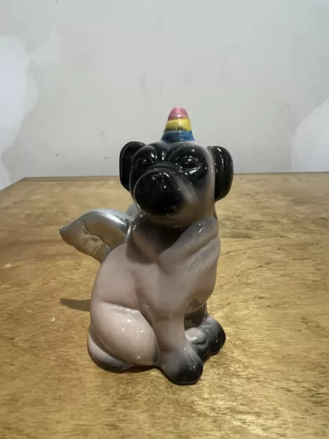 Adorable Ceramic Small PUG Dog Angel with Birthday Hat Figurine