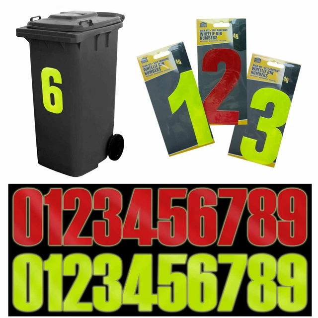 WHEELIE BIN HOUSE Numbers, Adhesive Stickers Highvis Reflective Sticky