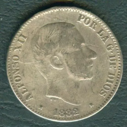 1882 Spanish Philippines 50 Centimos ALFONSO XII Rey De Espana SILVER Coin #AA1