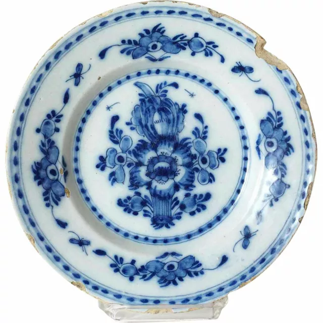 Antique Dutch Delft Blue and White Pottery Floral Plate 18th century